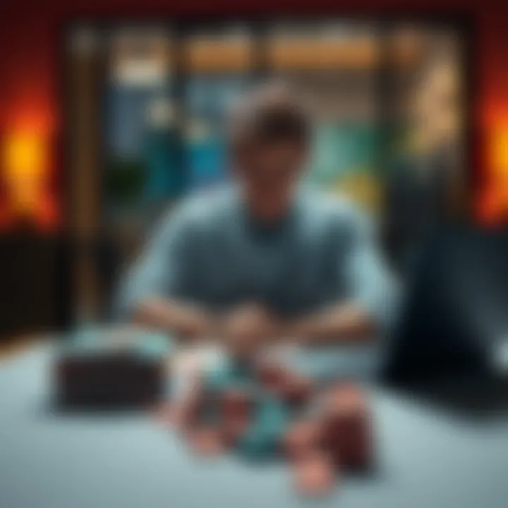 A college student sits at a table, looking pensive with gambling chips scattered around. He appears to be contemplating his decision to stop gambling. Surrounding him are textbooks and a laptop, illus...