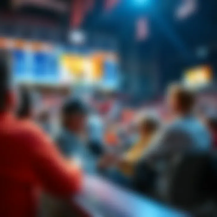 A crowd of fans watching a college basketball game with excitement, discussing betting strategies, focusing on Clemson vs. Duke matchup.