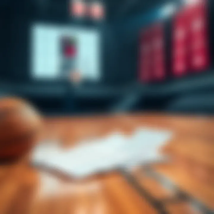 A basketball with betting slips on a wooden court