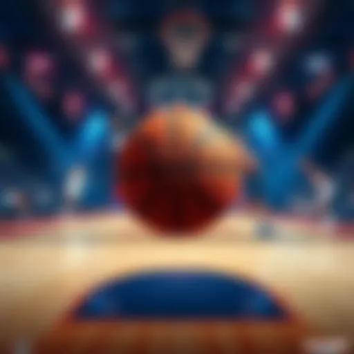 A basketball court with betting odds displayed and players in action during a game