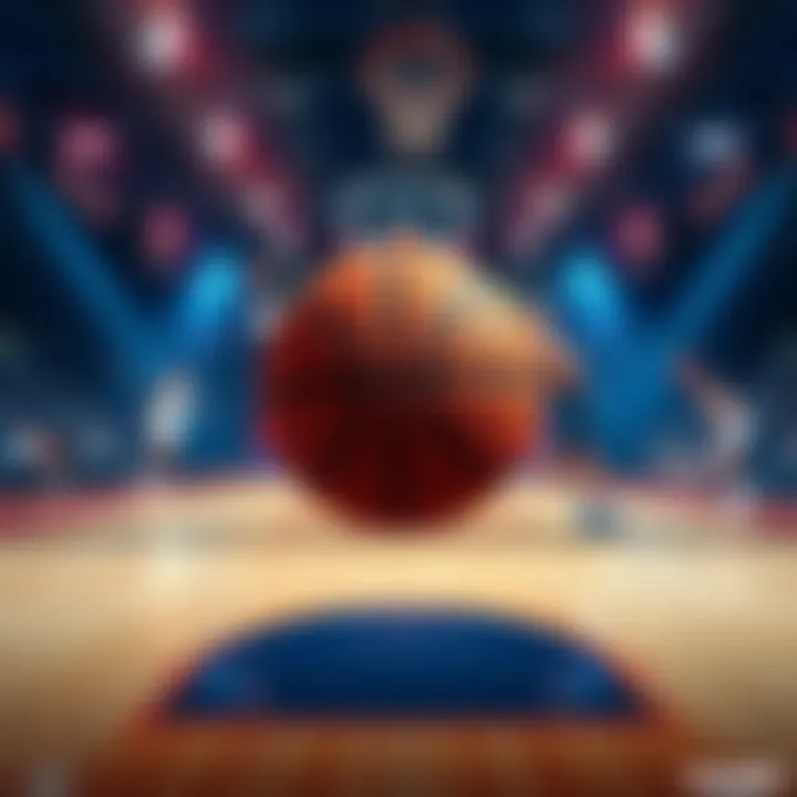 A basketball court with betting odds displayed and players in action during a game