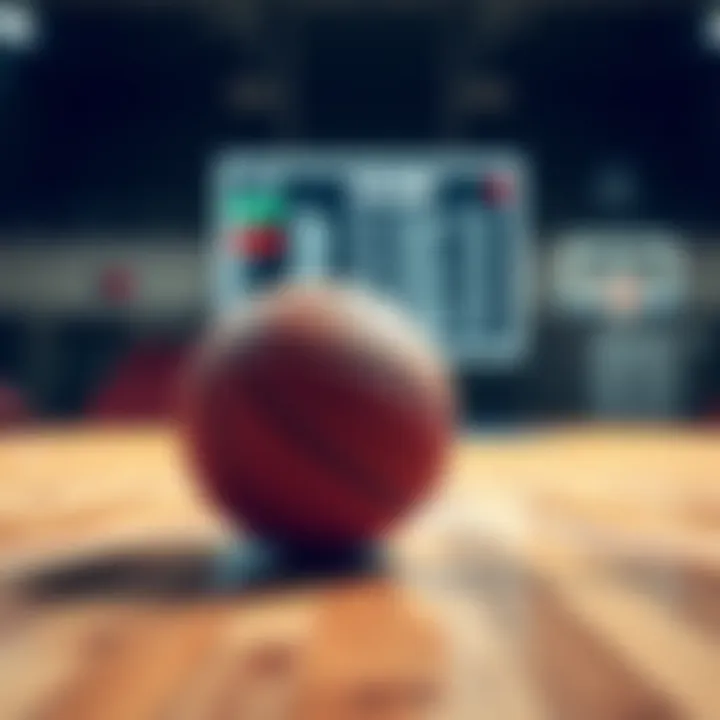 A basketball on a court with betting odds displayed on a screen