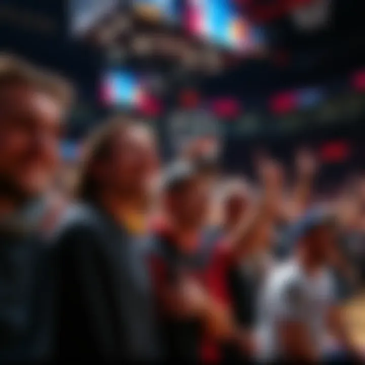 A crowd of enthusiastic fans watching a college basketball game, wearing team colors and cheering passionately.
