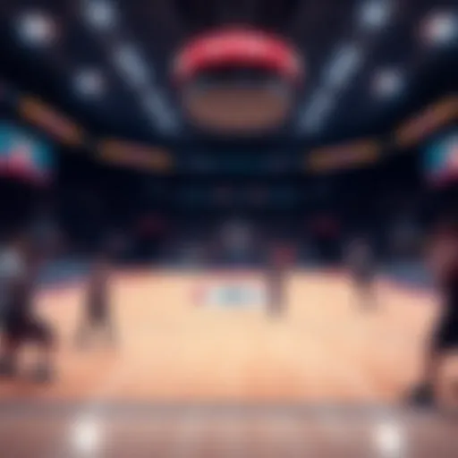 Basketball court with players preparing for a college game