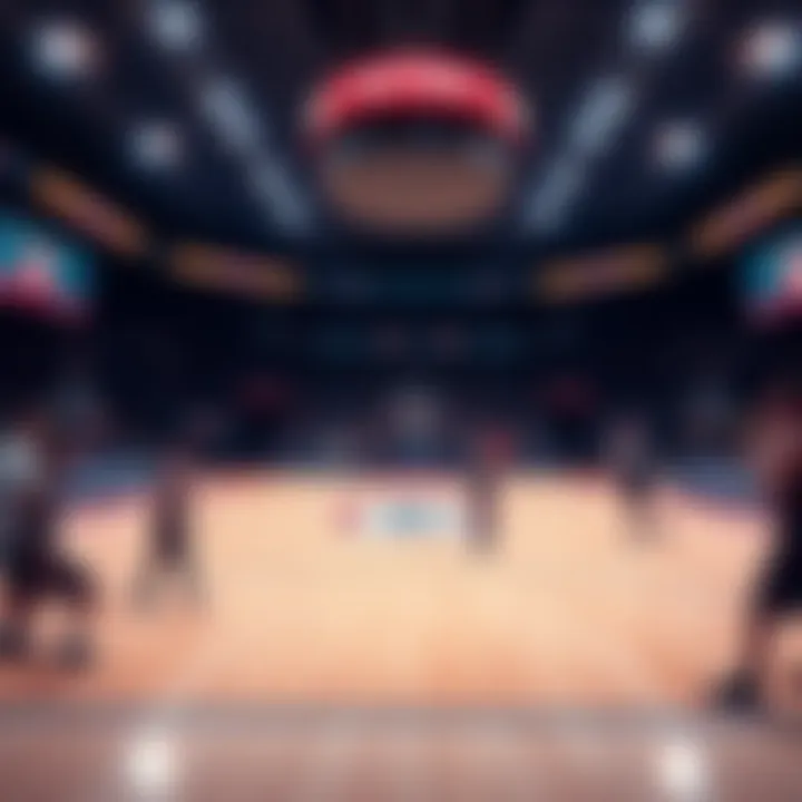 Basketball court with players preparing for a college game