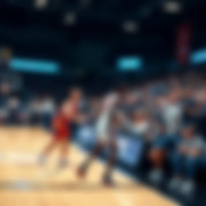 Players on the court during a college basketball game with fans in the background, highlighting action and excitement.