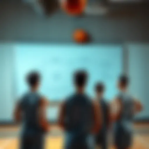 A basketball coach showing strategies on a whiteboard while players listen intently