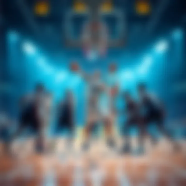 A group of college basketball players competing on the court during a game, showcasing teamwork and strategy as they aim for victory.