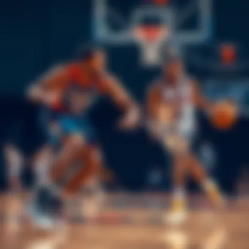 Players from Tulsa and Auburn competing on the basketball court during their college game.