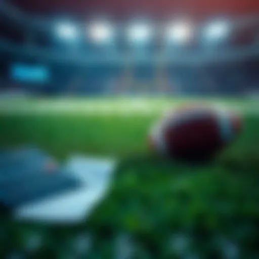 A football field with a betting slip and a calculator, symbolizing football bets and odds analysis.