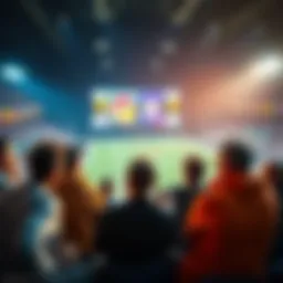A group of fans watching a college football game, analyzing strategies, with a scoreboard in the background.