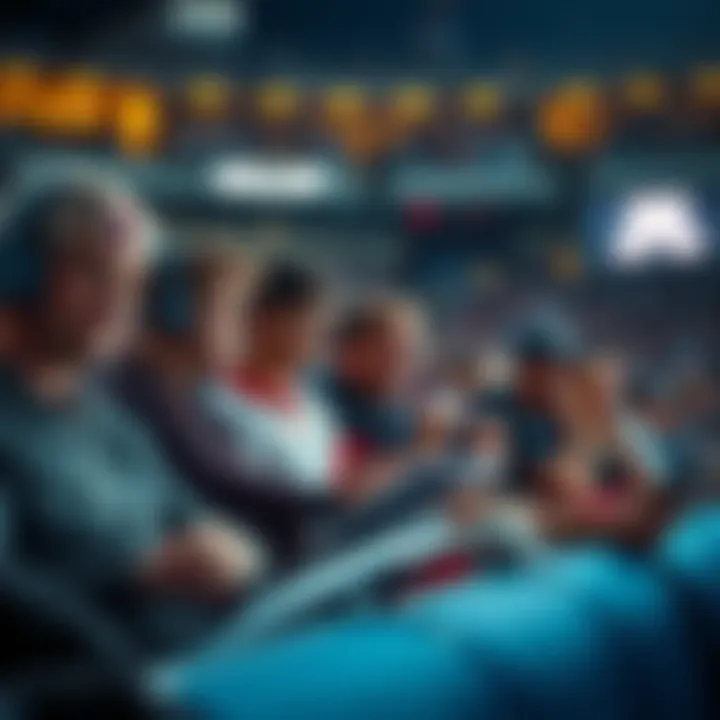 A group of fans watching a college football game, analyzing statistics and making bets for upcoming games.