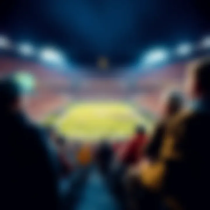 Fans discussing college football plays and performances at a stadium