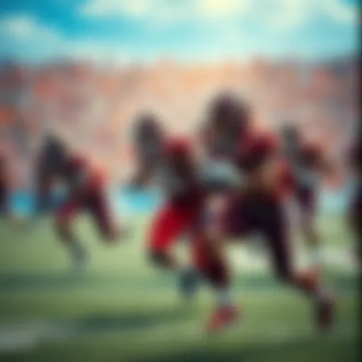 A group of college football players demonstrating rushing techniques on the field during a game.