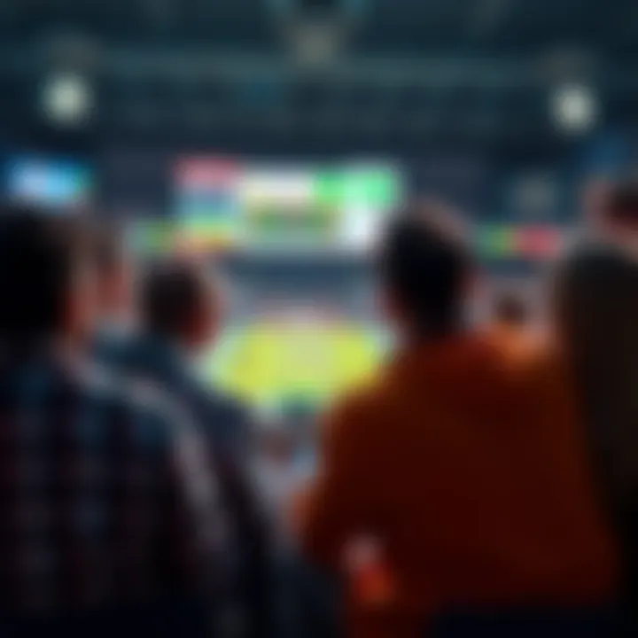 A group of people gathered around a screen watching a college sports game, discussing betting strategies