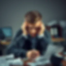 College student in distress over gambling loss A young man looks worried and stressed, sitting at a desk filled with bills and gambling papers, reflecting on his financial struggles due to sports betting.