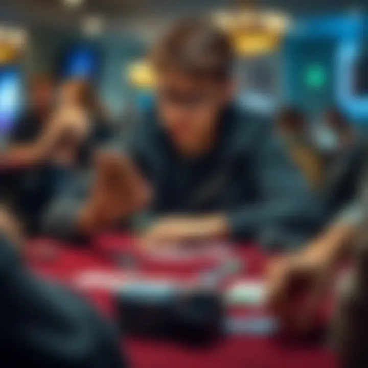 A college student sitting at a table with poker chips and cards, looking at a phone for messages about weekly poker games