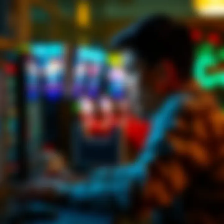 A young Colombian looking at a computer screen with online poker games, showing concern about registration issues.