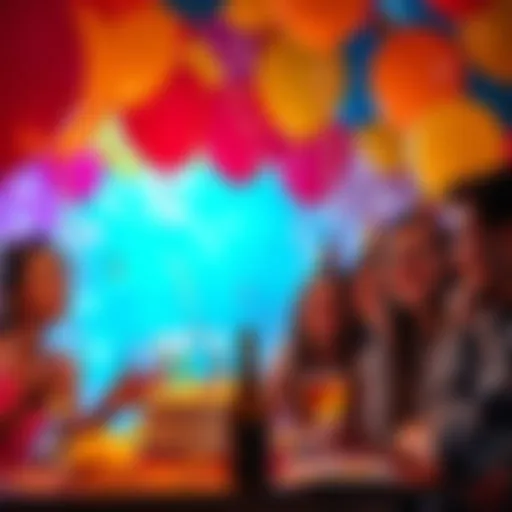 A vibrant birthday party scene with balloons, a cake, and friends celebrating together.