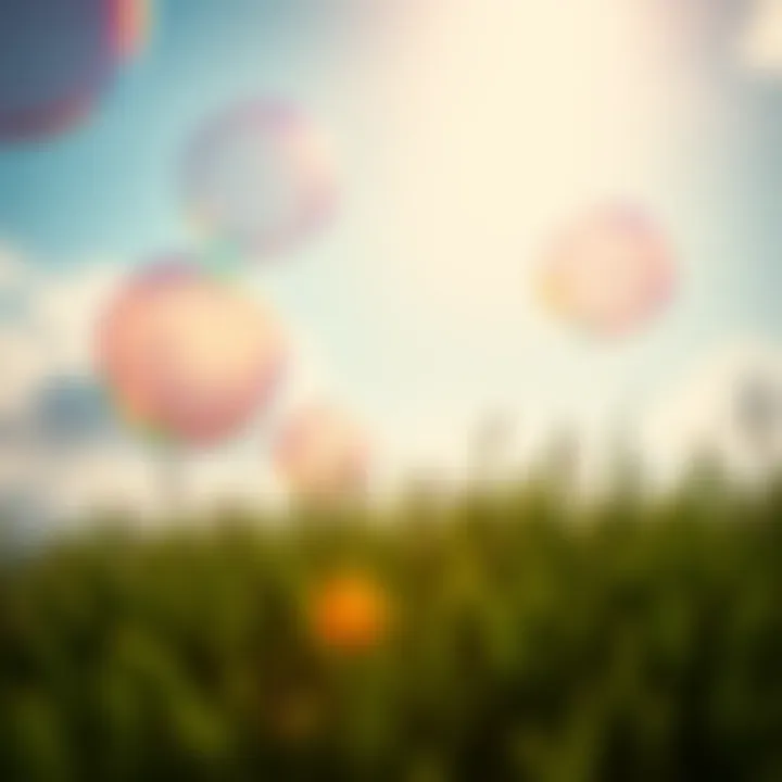 Colorful bubbles in the air A group of colorful bubbles floating above a grassy area, capturing sunlight