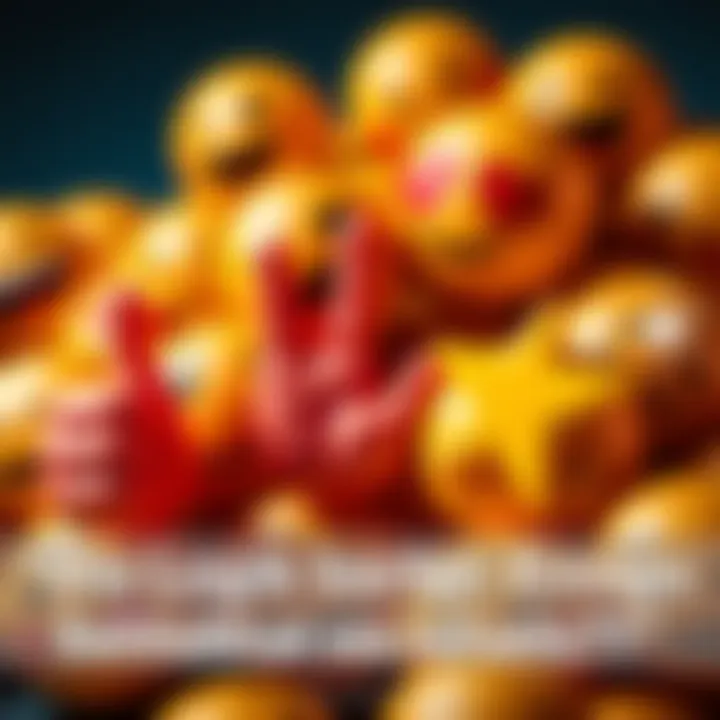 A variety of emojis including a thumbs up, rock on hand gesture, and sparkling star, representing modern communication.