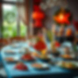 A vibrant dinner table set with fish-themed dishes and decorations, showcasing a romantic atmosphere.