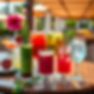 Colorful non-alcoholic drinks on a table A variety of colorful non-alcoholic drinks resembling cocktails, including green smoothies and fruity spritzers, set on a sunny table with vacation vibes