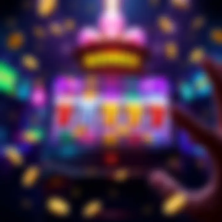 A bright slot machine displaying various bonus symbols and coins