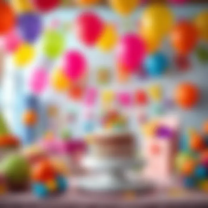 A vibrant birthday party scene with balloons, cake, and decorations