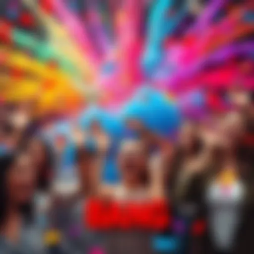 A vibrant explosion of colors symbolizing surprise and emotions, with confetti and joyful expressions from people.