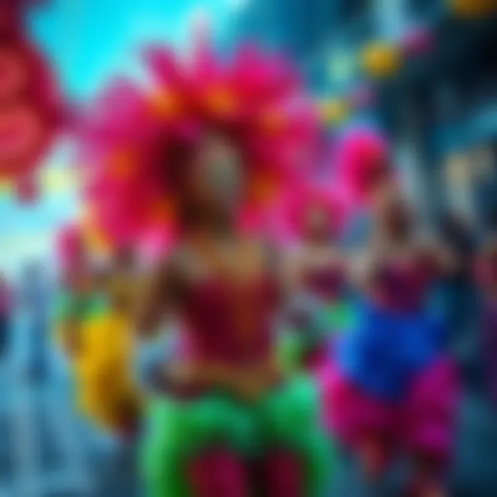 A lively scene of Brazil's carnival with dancers in vibrant costumes and festive decorations.