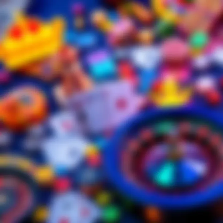 A vibrant layout of various casino games including slots, cards, and a roulette wheel, showcasing excitement and fun in gambling.