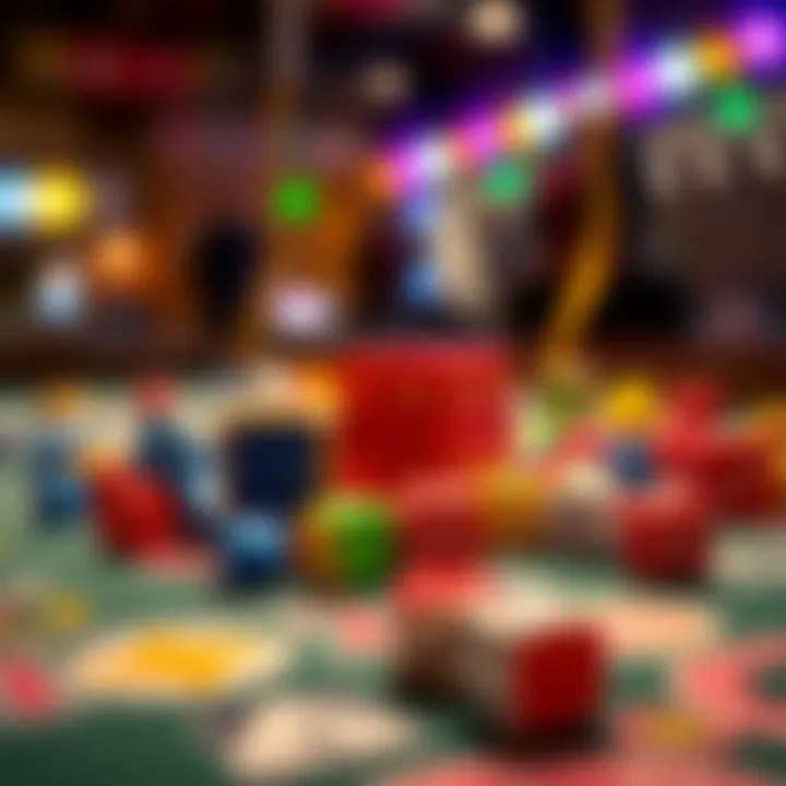 Colorful dice on a table Colorful dice scattered on a game table with a lively atmosphere
