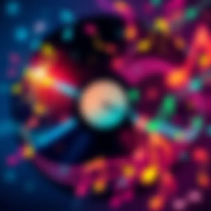 A vibrant illustration of colorful music notes swirling around a vintage vinyl record, symbolizing classic hits that resonate through generations.