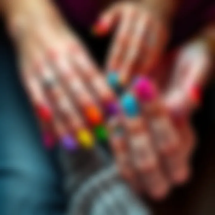 Colorful nail designs on hands A variety of colorful nail art designs displayed on neatly manicured hands with vibrant nail polish.