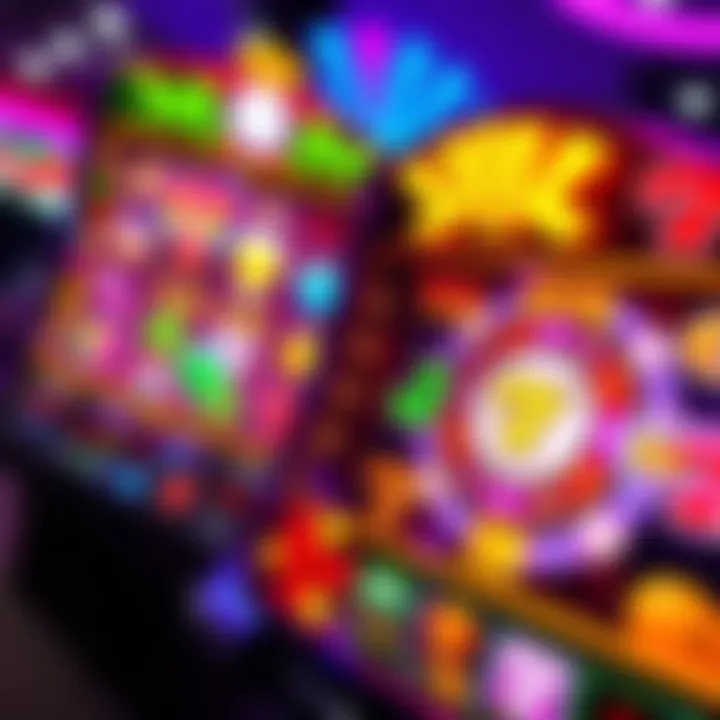 A vibrant online slot game display showing various symbols and a spinning reel