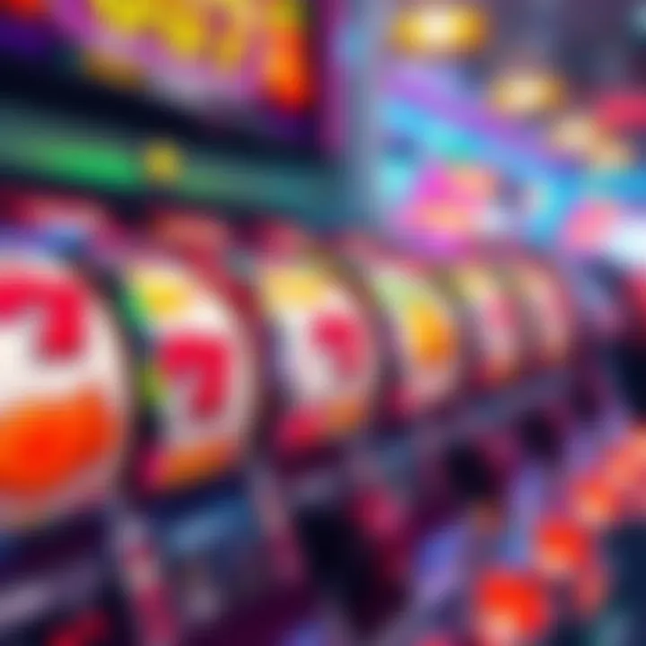 A vibrant online slot machine display with spinning reels and symbols like fruits and bells, showcasing the excitement of online gambling for beginners.