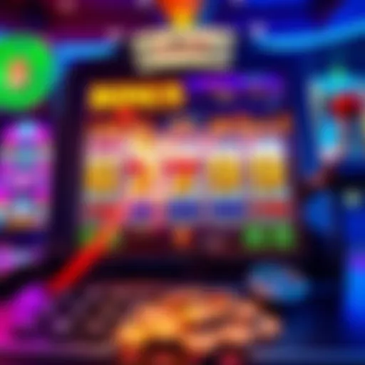 A bright slot machine display featuring symbols of free spins and multipliers with flashing lights