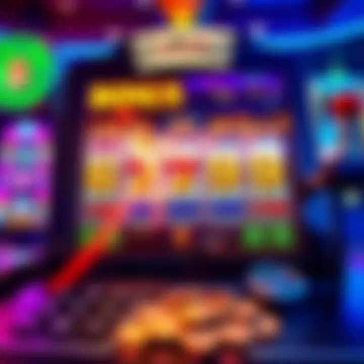 Colorful slot machine with bonus features A bright slot machine display featuring symbols of free spins and multipliers with flashing lights