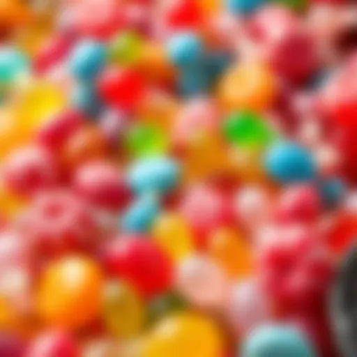 Colorful sticky candies A variety of sticky candies in bright colors, displayed on a surface, appealing to all ages.