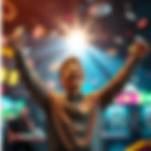 Person celebrating a comeback A person with a joyful expression, arms raised in victory, surrounded by bright lights and casino symbols, symbolizing a successful turnaround.