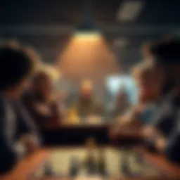 A group of diverse players at a table, discussing strategy and looking frustrated over a game board.