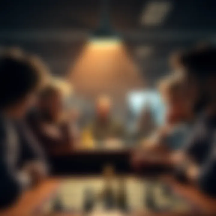 A group of diverse players at a table, discussing strategy and looking frustrated over a game board.
