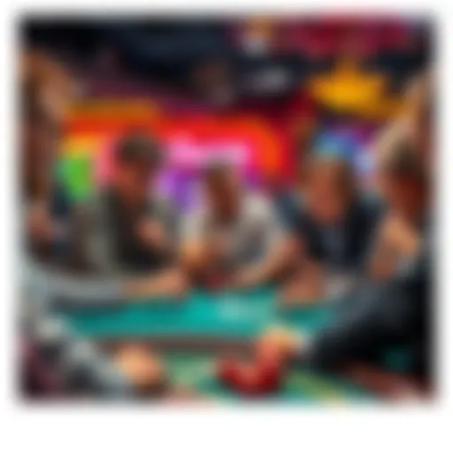 A group of casino players reviewing card hands at a table, looking concerned about their plays.