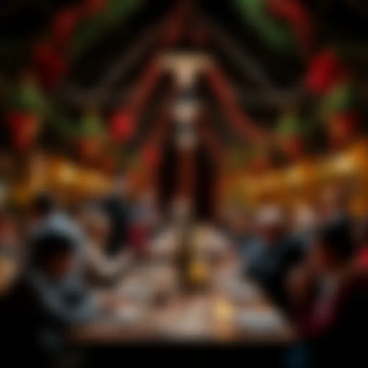 People enjoying a communal meal at Churchill Downs, surrounded by festive decorations and a lively atmosphere