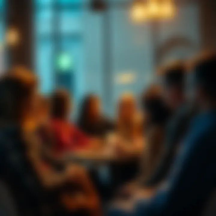 A diverse group of people discussing support and solutions in a community setting.