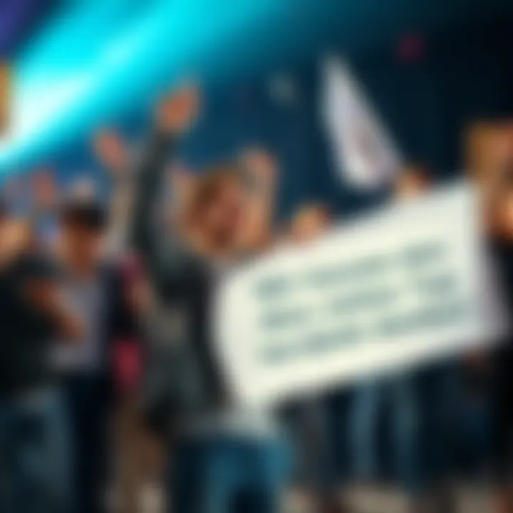 A group of people cheering and holding banners to celebrate a young man's success.