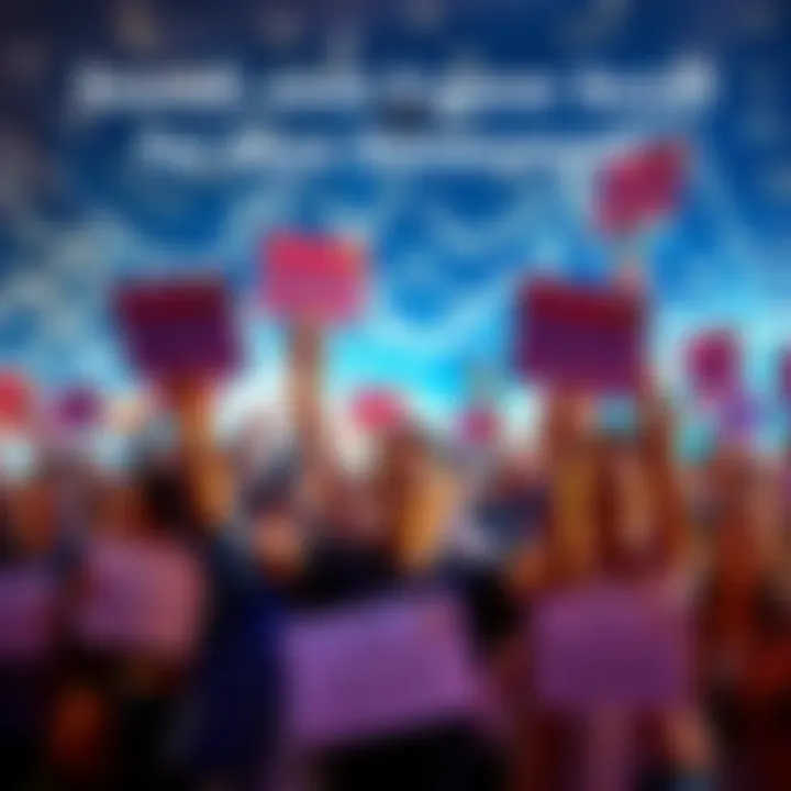 A group of people celebrating a significant moment in their community, smiling and holding signs of support.