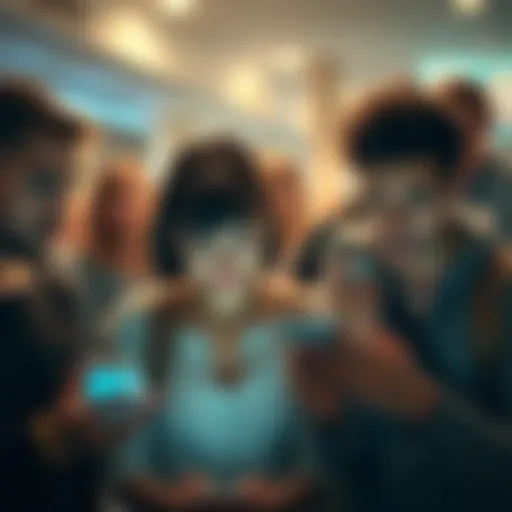 Excited community looking at their phones Group of people eagerly checking their phones for updates after a hint of a monthly release from Stake