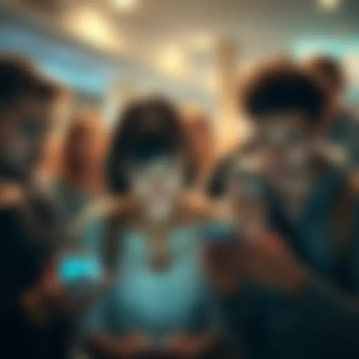 Excited community looking at their phones Group of people eagerly checking their phones for updates after a hint of a monthly release from Stake